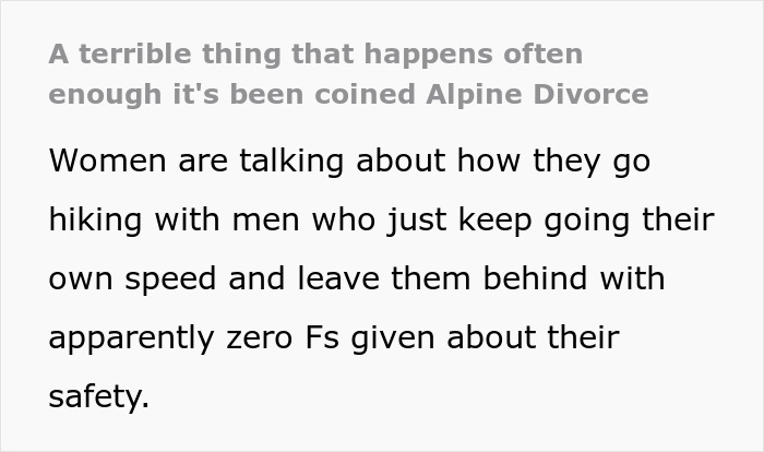 Texto explicando como os homens abandonam suas parceiras durante atividades ao ar livre, tendência chamada Divórcio Alpino.