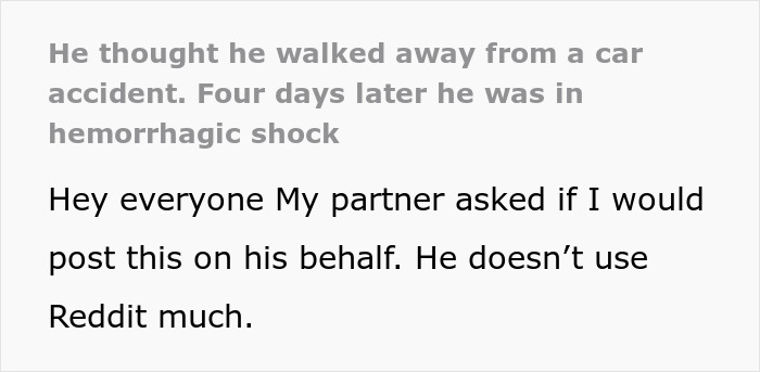 Homem alerta outras pessoas para levarem a sério os acidentes de carro depois de tossir sangue quatro dias após o acidente e enfrentar choque hemorrágico.