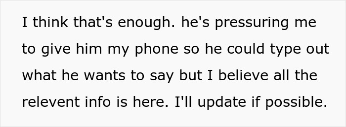 Text message discussing refusing to pay husband for burnt steak cooked, stating enough pressure and intent to update.