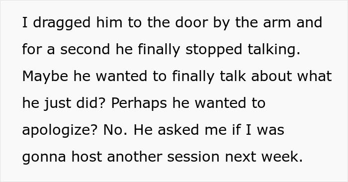 Text excerpt showing a DnD guest caught stealing manga and figurines, still casually chatting about future sessions.