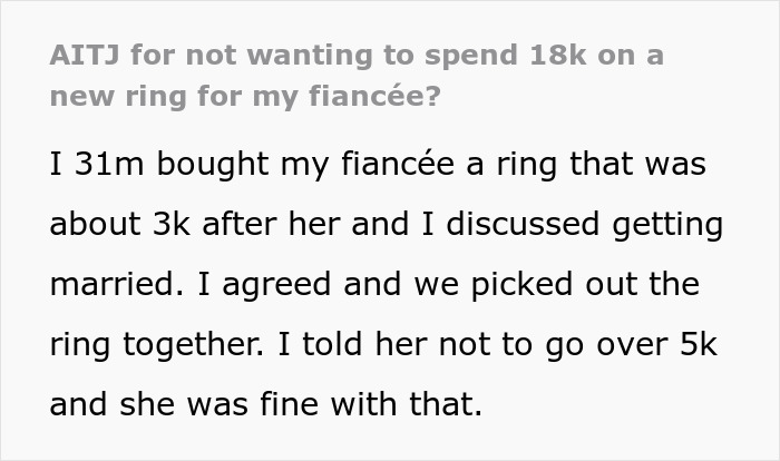 Text on a screen showing a discussion about an $18,000 dream ring price tag and fianc&eacute;&rsquo;s decision to pay or walk out.