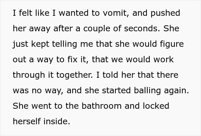 Text excerpt describing a wife admitting cheating multiple times, causing emotional distress to her husband.