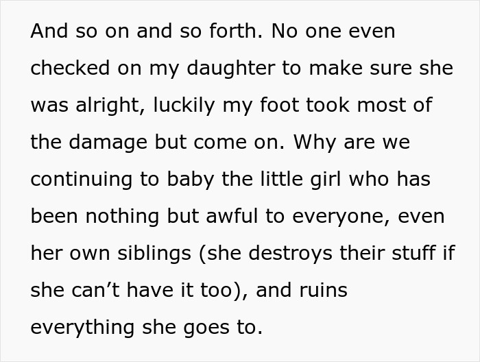 Alt text: Text describing a family ignoring the violent niece who injures a baby while enabling her disruptive behavior.