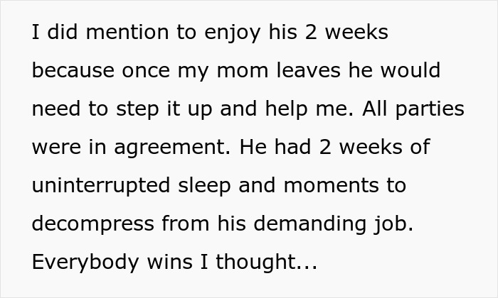 Text excerpt explaining the man’s need to rest before stepping up to care for his baby as his mom worries he’s doing too much.