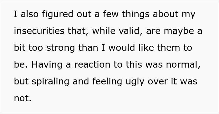 Text about insecurities and reaction, highlighting feelings of being ugly, related to wife realizing hubby downgraded from gorgeous to kind. Text about insecurities and reaction, highlighting feelings of being ugly, related to wife realizing hubby downgraded from gorgeous to kind.