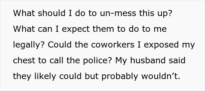 Text excerpt discussing legal concerns after a cancer survivor lifts her shirt at work to silence rumors.