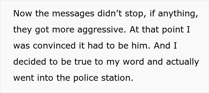 Text excerpt showing a woman suspecting her husband as a psychopath after aggressive messages leading her to visit the police station. Text excerpt showing a woman suspecting her husband as a psychopath after aggressive messages leading her to visit the police station.