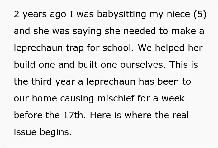 Text excerpt describing babysitting niece, building a leprechaun trap, and yearly mischief before March 17th birthday.