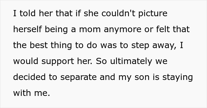 Text excerpt about woman deciding to separate and son staying with father, relating to surprise baby trap story.