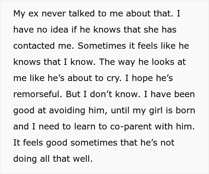 Text excerpt showing a woman reflecting on her ex and the challenges of co-parenting after uncovering husband's affair.