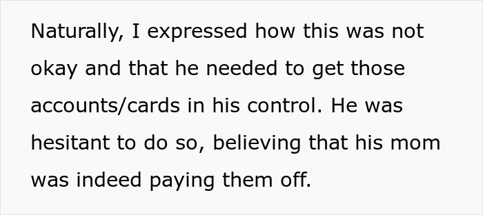 Text excerpt discussing a person hesitant to control accounts and cards amid bankruptcy debt concerns.