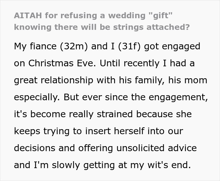Text discussing a bride refusing her mother-in-law&rsquo;s $25K wedding gift due to concerns about strings attached.