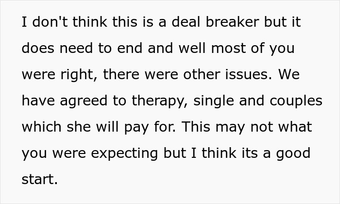 Text excerpt discussing relationship issues and therapy as a step toward resolving problems in trashing girlfriend's gift context.