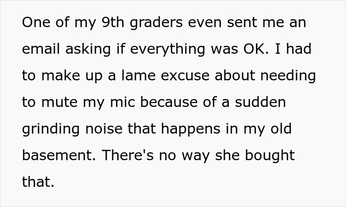 Text excerpt from a teacher describing awkward Zoom class moments caused by interruptions during an online session.