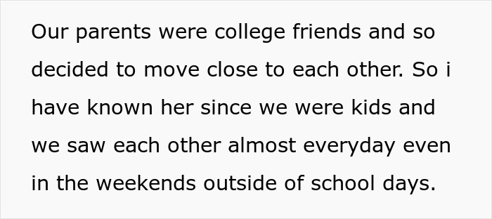 Text excerpt explaining close childhood connection between families as parents were college friends and lived nearby.