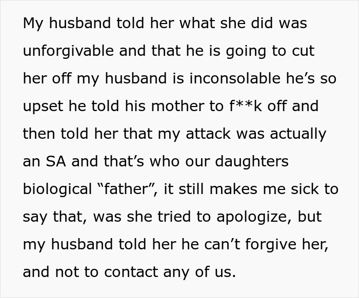 Text excerpt discussing family conflict after a MIL secretly DNA tested grandkid, causing everyone to turn against her.