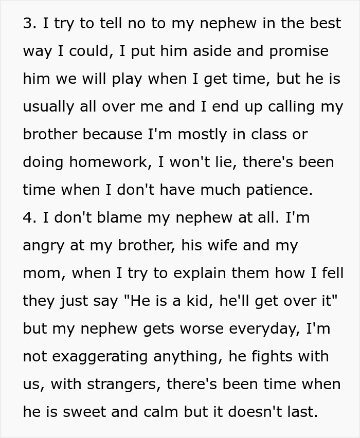 Text excerpt describing a frustrated sister talking about her nephew&rsquo;s disruptive behavior and lack of patience.