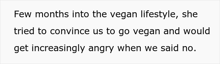 Text image showing a statement about a vegan teen trying to convince family to go vegan and their anger when refused.
