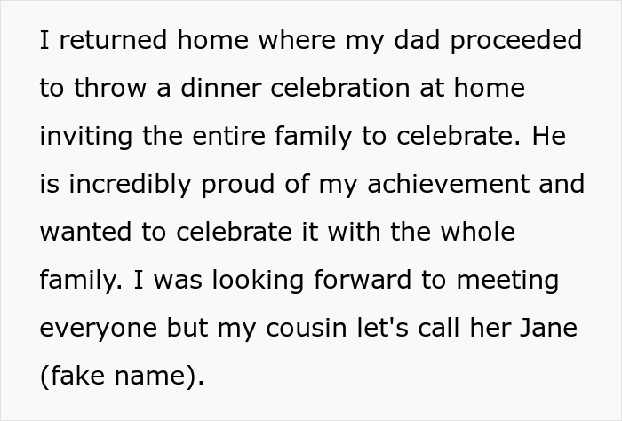 Text excerpt discussing family celebration and cousin with PhD in a story about competition and lost life savings.