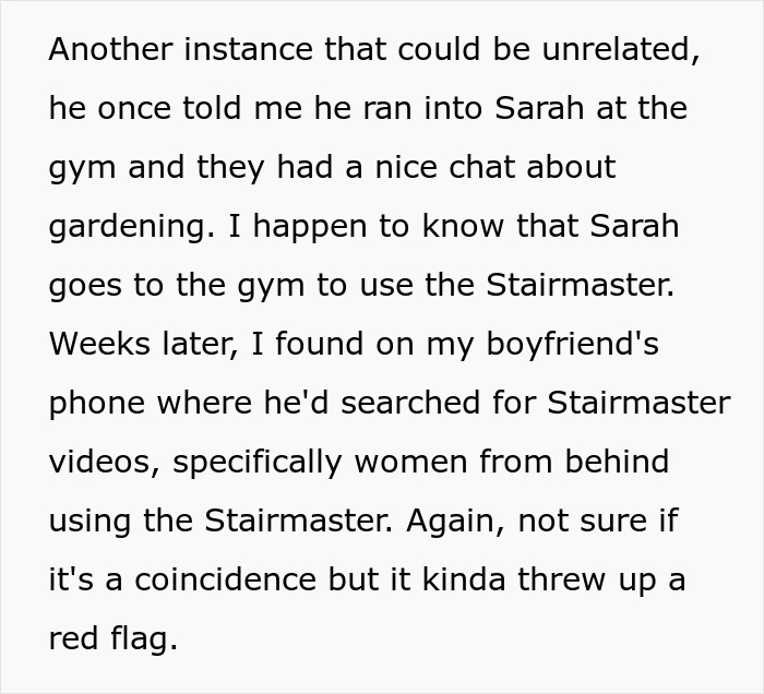 Text excerpt describing boyfriend searching Stairmaster videos after a chat, highlighting arrogant guy comparison and GF feeling second best.