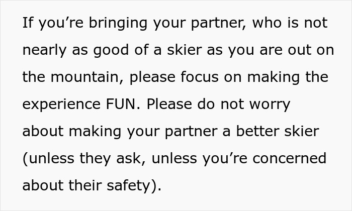 Texto enfatizando a diversão para parceiros menos habilidosos em esquiar durante atividades ao ar livre, com foco na segurança e na diversão.