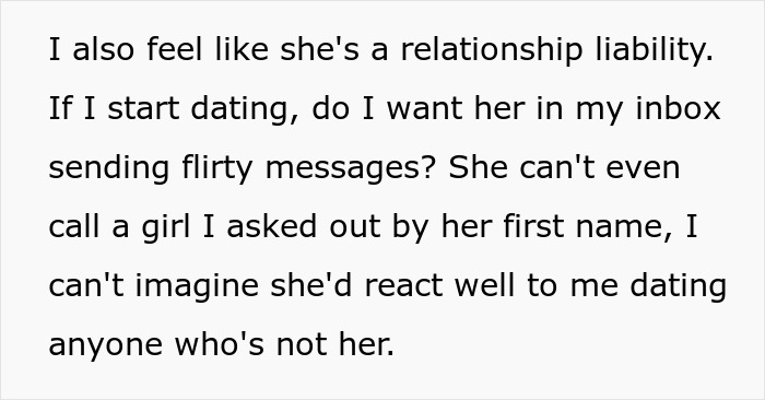 Text excerpt discussing concerns about a woman trying to make a 10-year friend fall in love and getting blocked.
