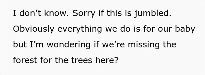 Text on a white background expressing doubt about missing the bigger picture while prioritizing their baby&rsquo;s needs.