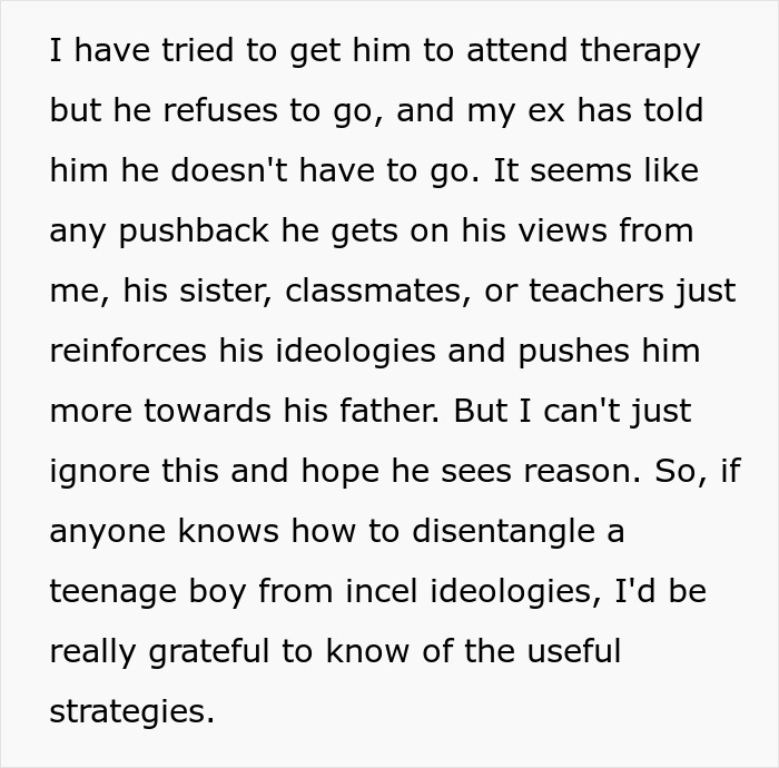 Text discussing a woman struggling with her divorced ex using their son to continue conflict after cheating, seeking help with ideology.