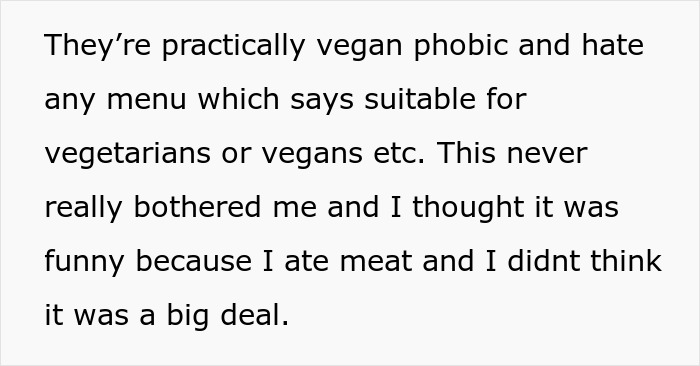 Text about vegan phobic husband hating vegan menus, wife punishing him for ruining daughter&rsquo;s friendship.