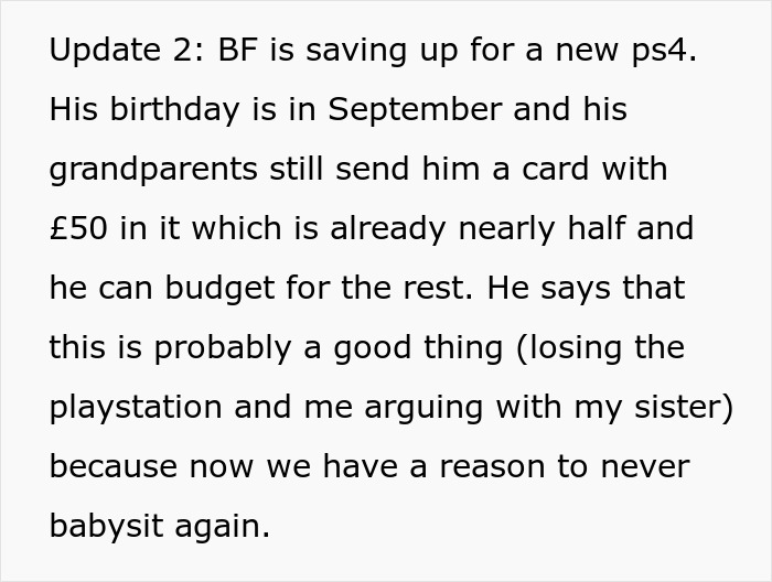 Text update about saving for a new PS4 after 11-year-old breaks Aunt&rsquo;s PlayStation and family disagreement.