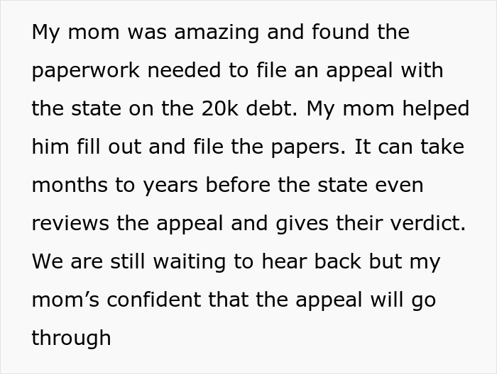 Text about filing an appeal on 20k debt with state assistance and awaiting response on bankruptcy debt.