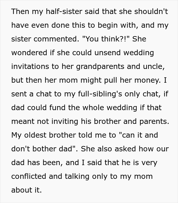 Text excerpt discussing family conflict and wedding invitations amid father cutting off contact with his family.
