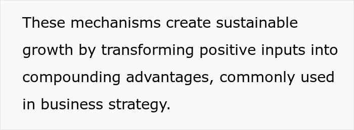 Text on white background explaining sustainable growth by transforming positive inputs into advantages used in business strategy.