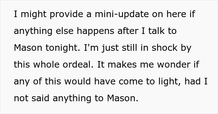 Text post about shock and a mini-update after talking to Mason, relating to a cheater hiding a one night stand secret.