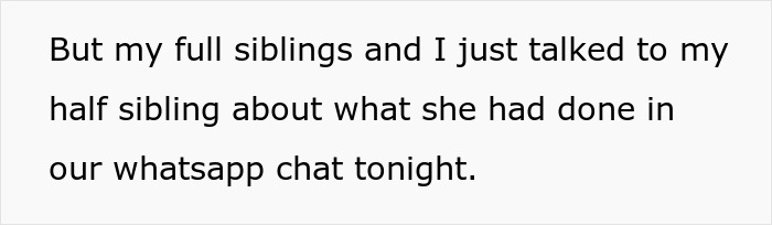 Text on a white background discussing siblings talking about a WhatsApp chat related to family issues.