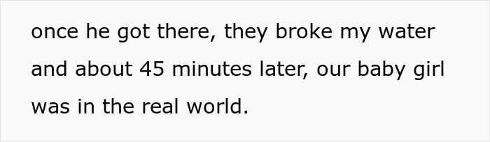 Text snippet on a white background describing the moment after breaking water and welcoming a baby girl into the world.
