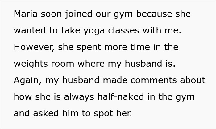 Text about a wife noticing her husband shirtless and his bestie naked in the gym, sensing something happened.