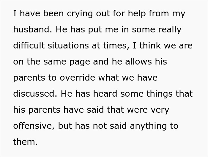 Text excerpt showing a new mom expressing anxiety and frustration with her husband for letting in-laws override their decisions.