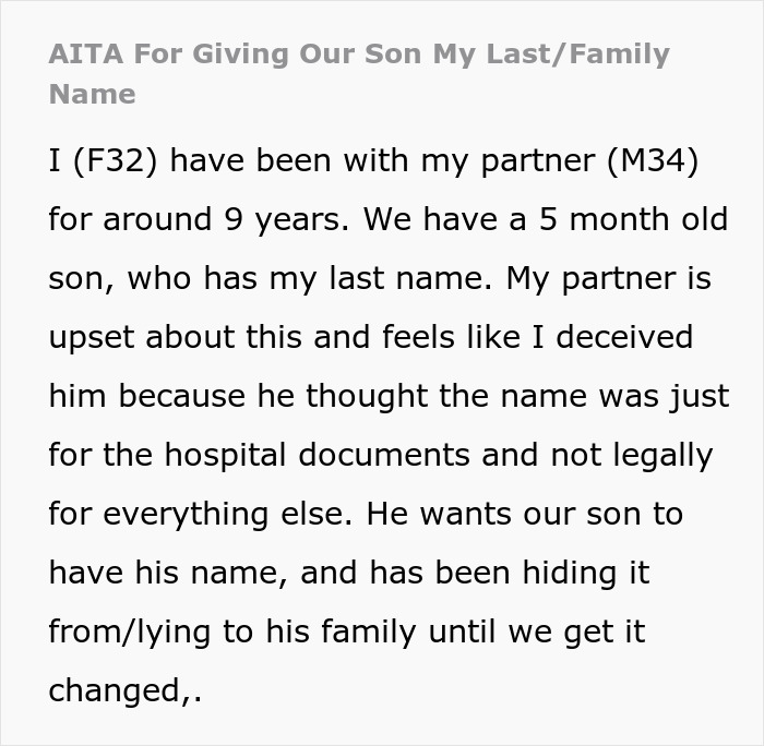 Text excerpt about woman giving baby her last name causing shock for new dad after 9 years together.