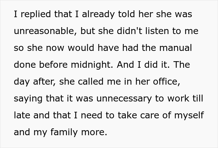 Text excerpt showing a boss telling an employee to maintain work-life balance after working late on a project.