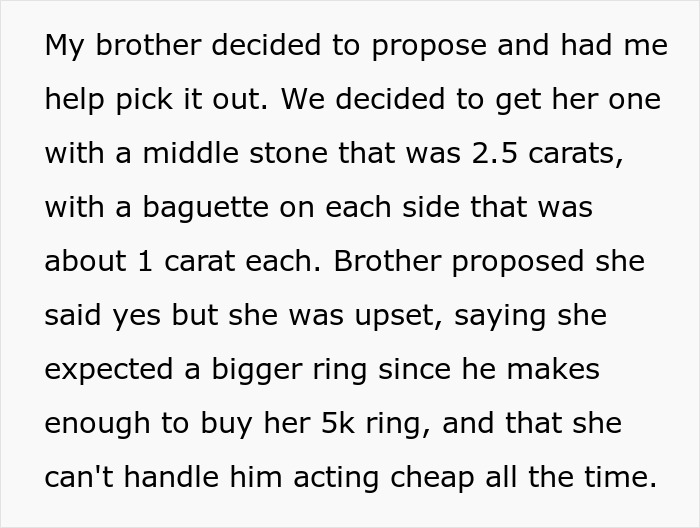 A white text box with a story about a sister helping choose a $40K ring, leading to a fianc&eacute;e&rsquo;s complaint.
