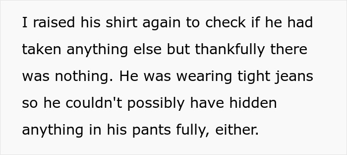Text excerpt about checking if a DnD guest stole manga and figurines, noting he wore tight jeans preventing hiding items.