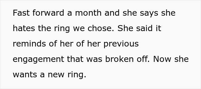 Text about a woman rejecting her engagement ring and demanding a new expensive dream ring from her fianc&eacute;.