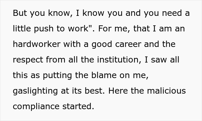 Text about cynic boss pushing employee to work harder, highlighting work-life balance and malicious compliance consequences.