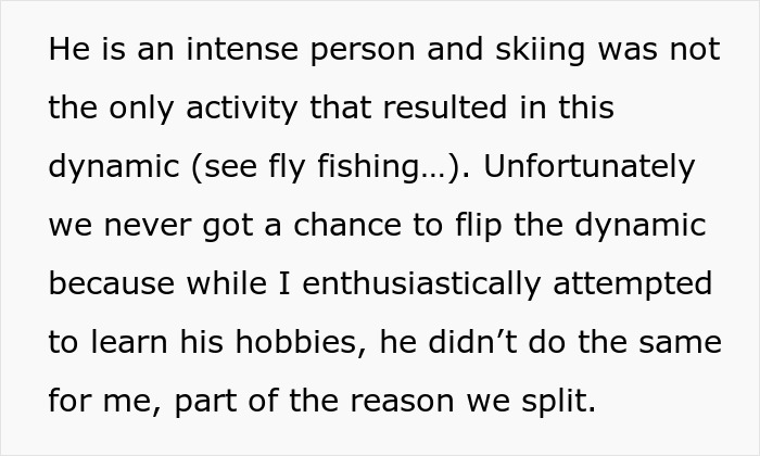 Trecho de texto sobre homens abandonando parceiras durante atividades ao ar livre, destacando hobbies intensos como esquiar e pescar com mosca.
