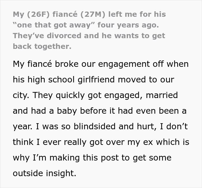 Text showing a woman sharing how her fianc&eacute; left her for the one that got away, causing deep regret and emotional pain.