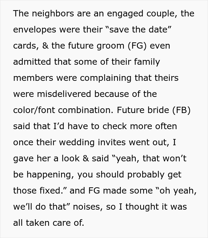 Couple&rsquo;s fancy wedding invites often get misdelivered, bride expects neighbor&rsquo;s help with delivery.