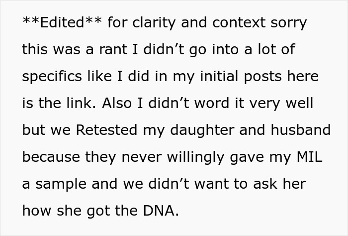 Text post explaining a family retesting DNA after MIL secretly tested grandkid, causing conflict among relatives.