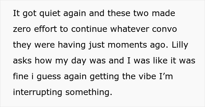 Screenshot of a text conversation describing a quiet moment between a boyfriend, girlfriend, and her old friend at his apartment.