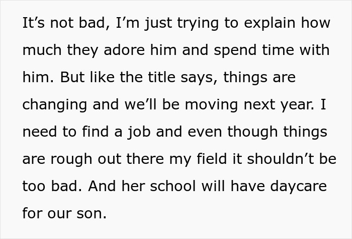 Text excerpt explaining family changes as they prepare to move, focusing on finding a job and daycare for toddler amid medical school plans.
